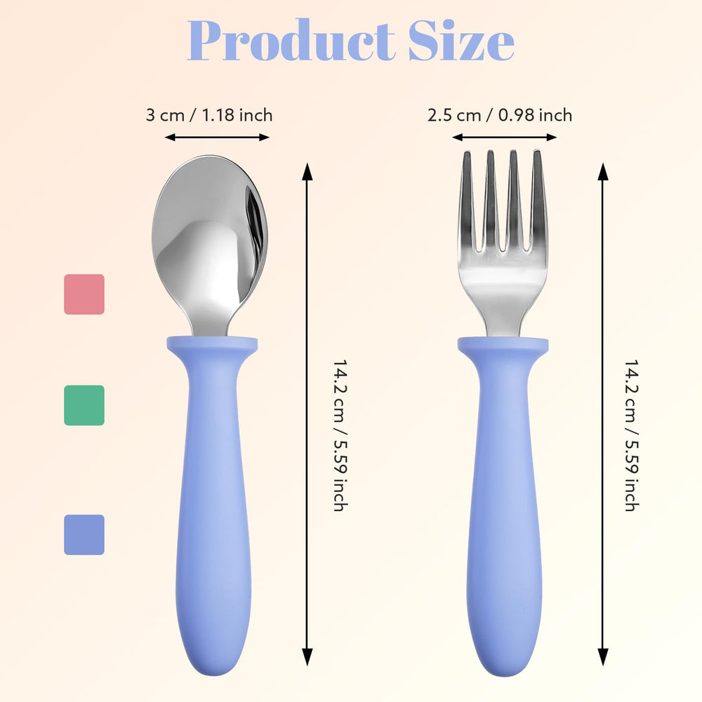 Pimoys toddler utensils with ergonomic spoons for easy grip during meals.