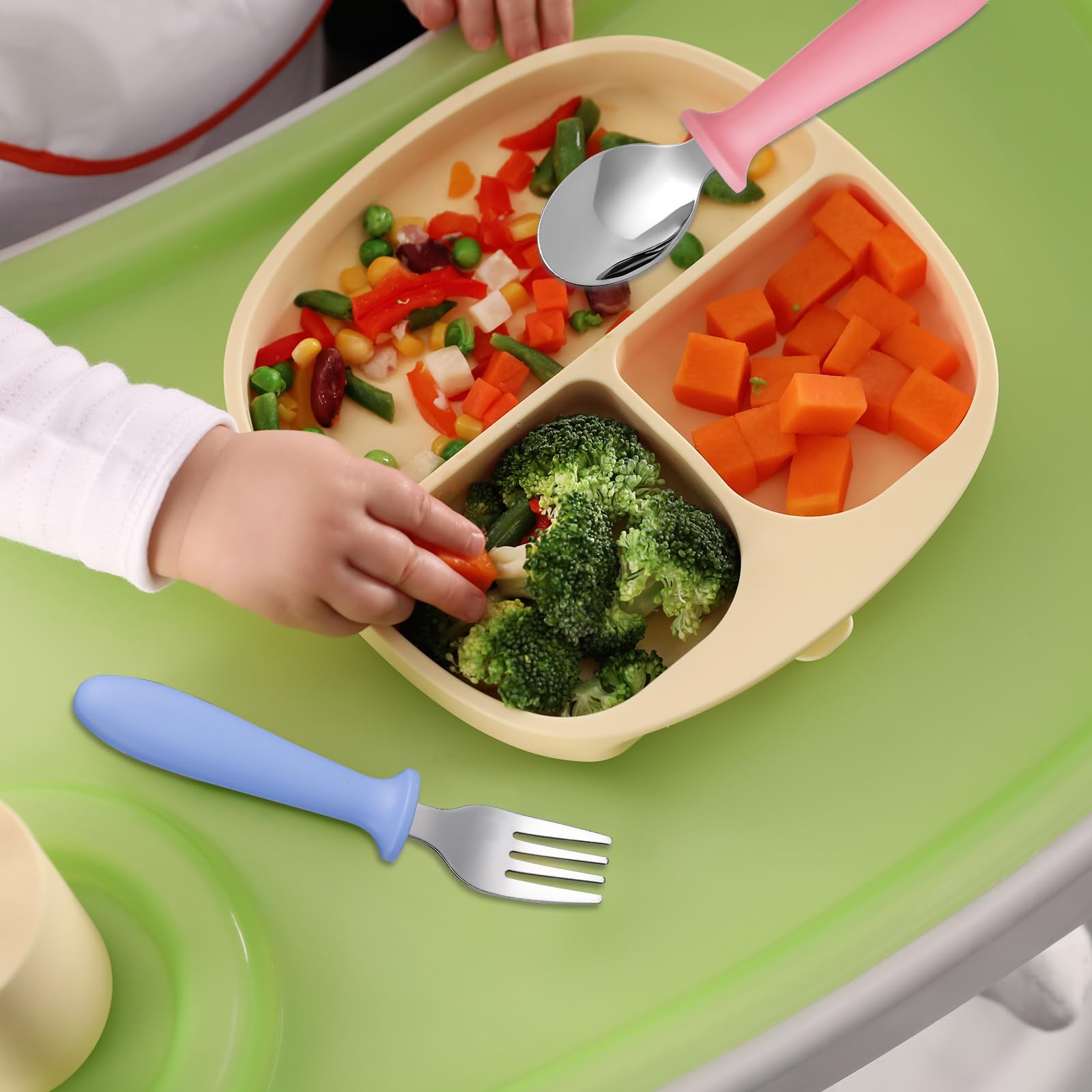 Pimoys toddler utensils stainless-steel-core design for durability.