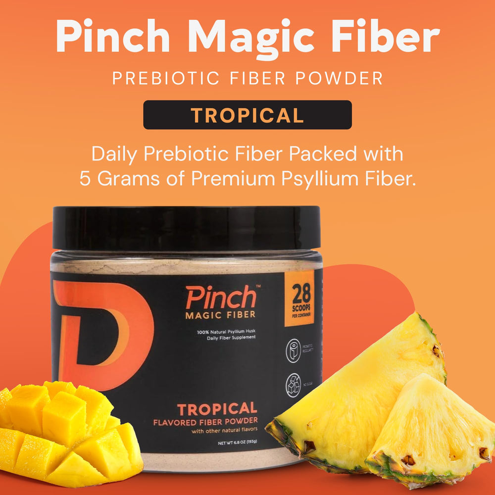 Scoop of Pinch Magic Sugar Free Fiber Powder in a cup highlighting vegan and gluten-free formula