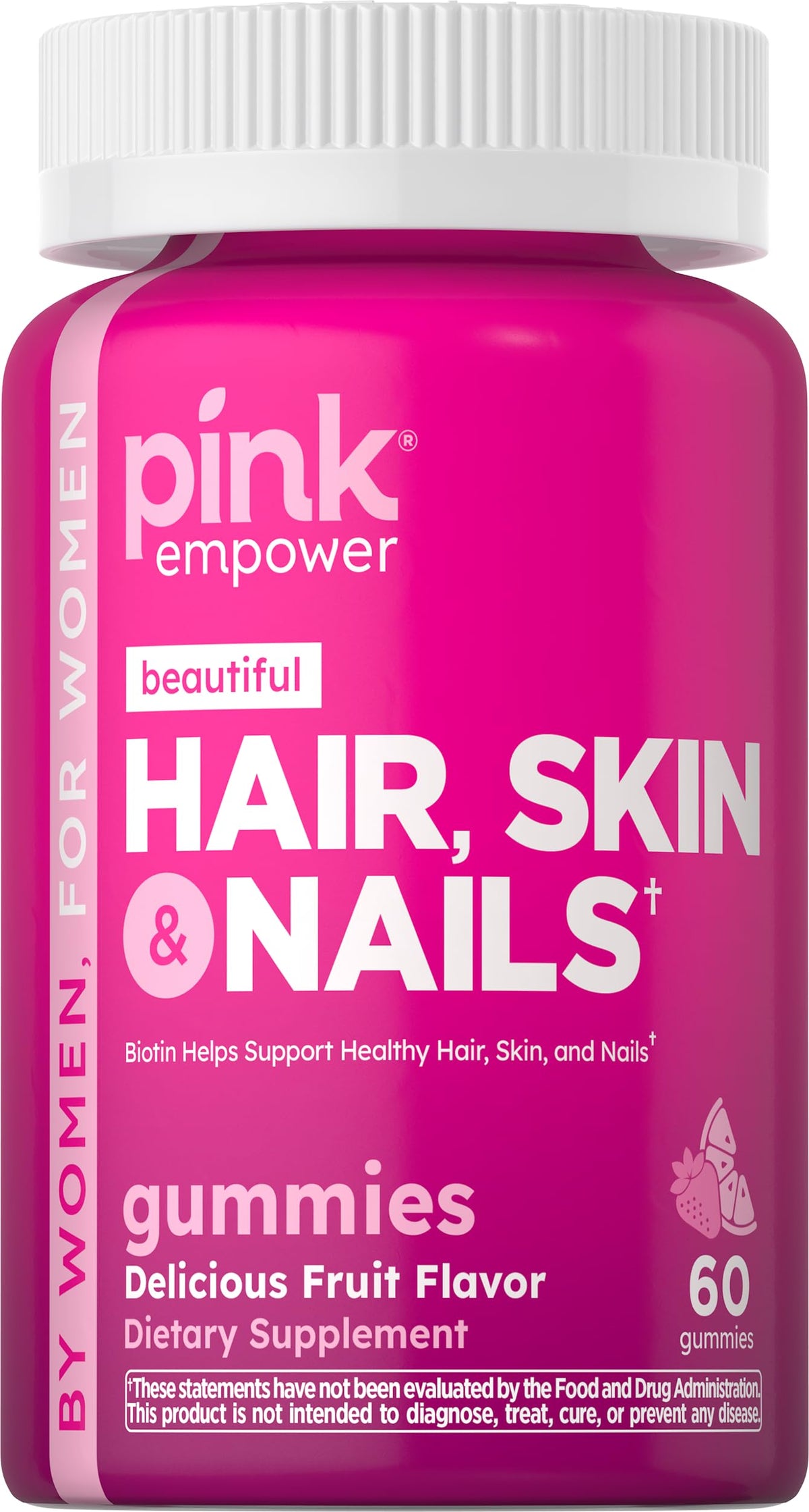 PINK Hair Skin Nails Gummies bottle on display for daily beauty support.