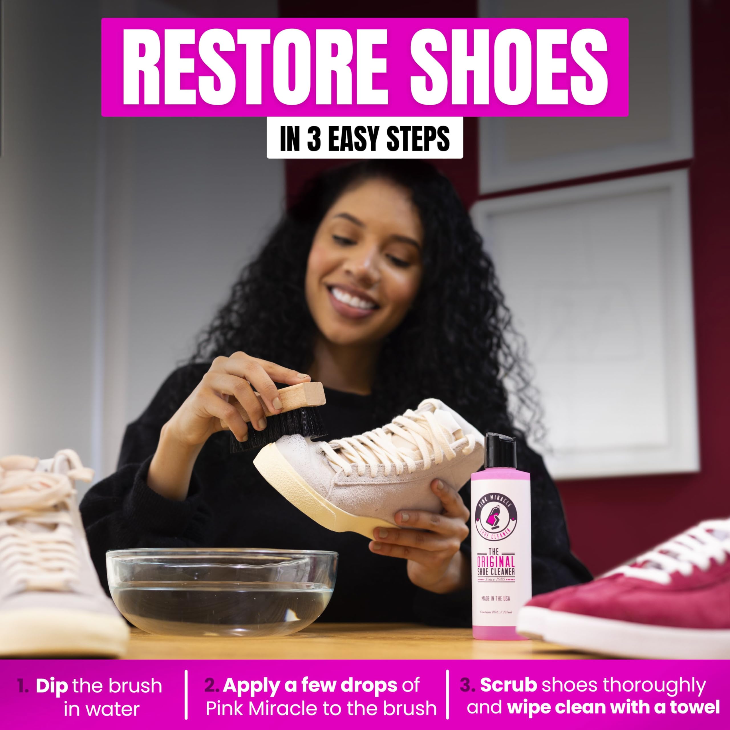 Pink Miracle cleaner on white sneakers restores brightness and stains.