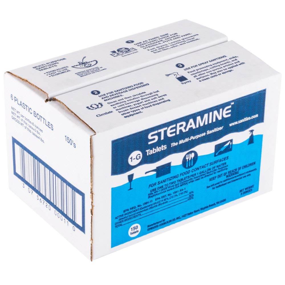 Pink Rhyme Steramine tablets bottle front for six-pack ready for quick surface sanitizing