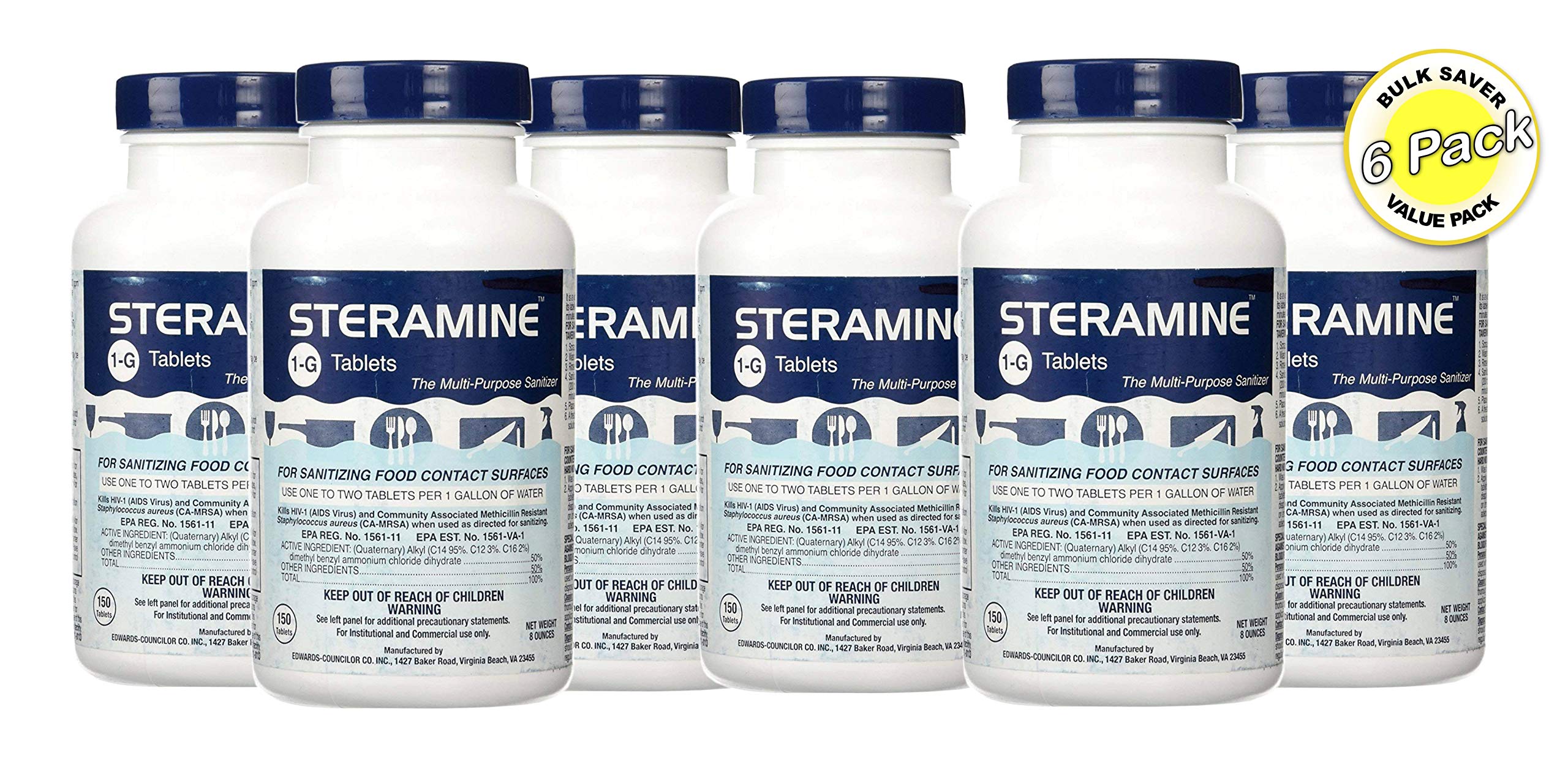 Pink Rhyme Steramine tablets dissolving in blue water demonstrates visible cleaning action
