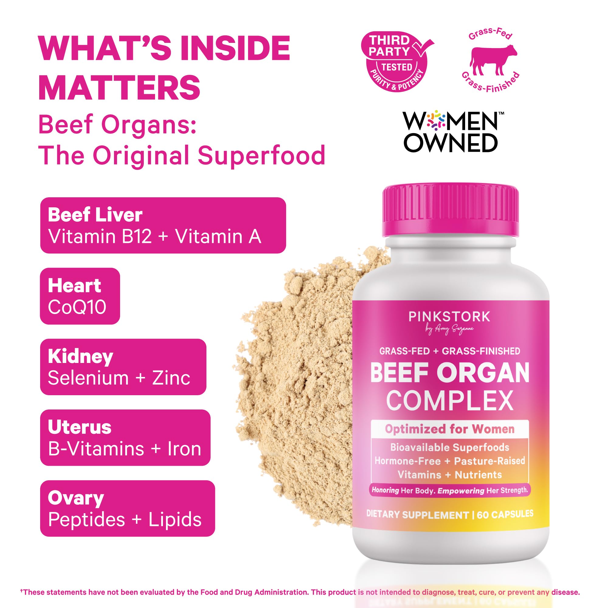 Pink Stork Beef Organ Capsules close-up highlights convenient capsules for daily nourishment.