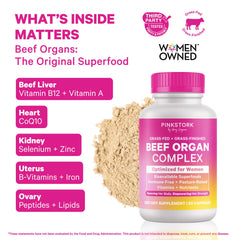 Pink Stork Beef Organ Capsules close-up highlights convenient capsules for daily nourishment.