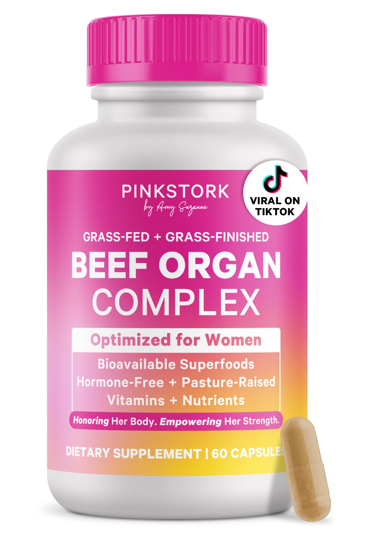 Pink Stork Beef Organ Supplement bottle shows a nutrient-dense whole-food blend for daily vitality.