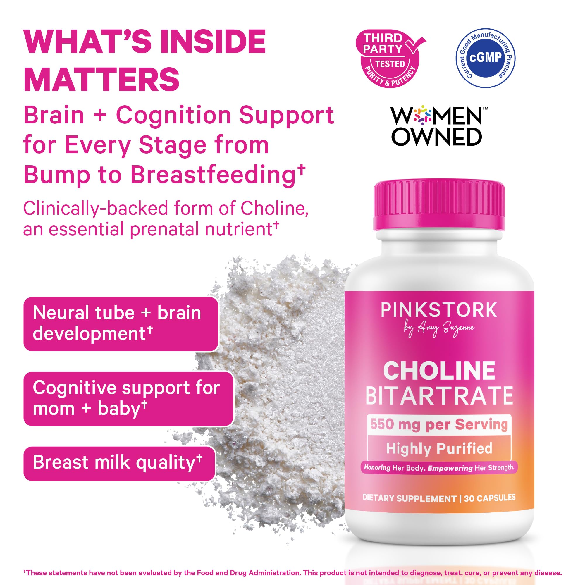 Pink Stork Choline bottle label highlighting VitaCholine high-potency choline for pregnancy.