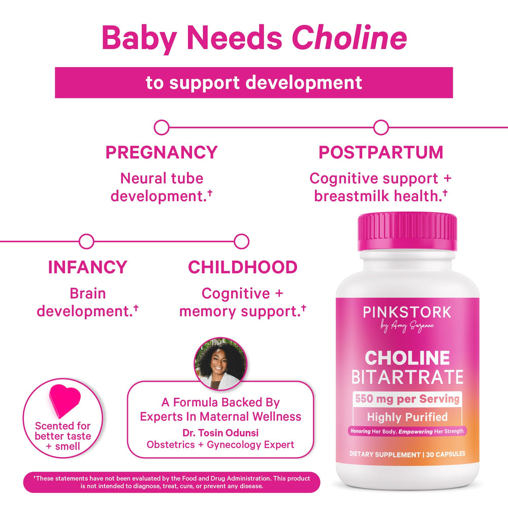 Close-up of Pink Stork Choline capsule showing clean, high-potency formula.