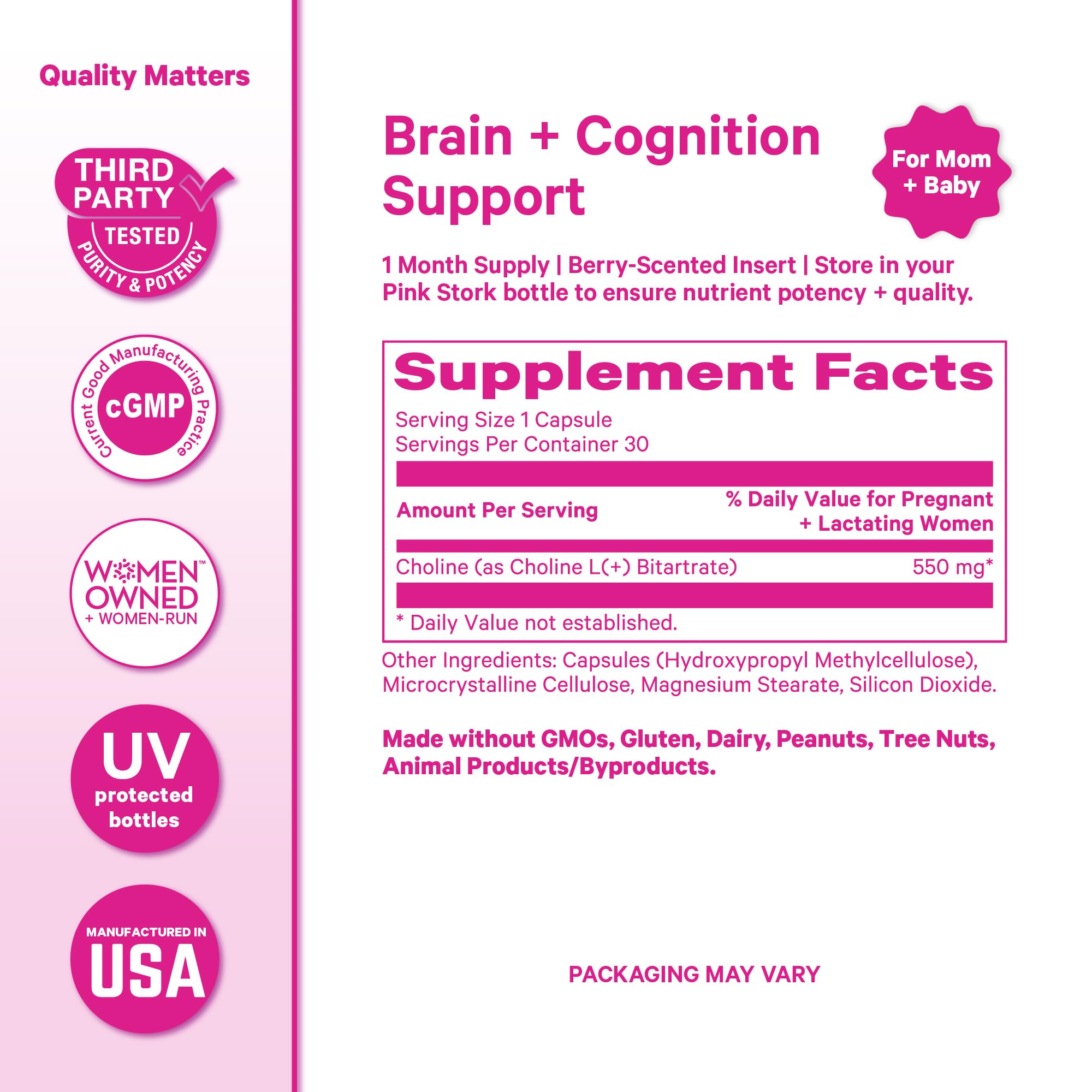 Pink Stork Choline features gluten-free, dairy-free, non-GMO formula for moms-to-be.