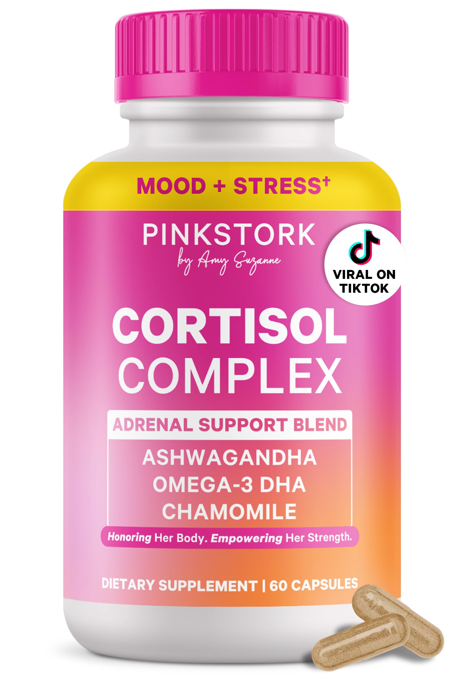 Pink Stork Cortisol bottle closeup showing capsules for daily adrenal support.