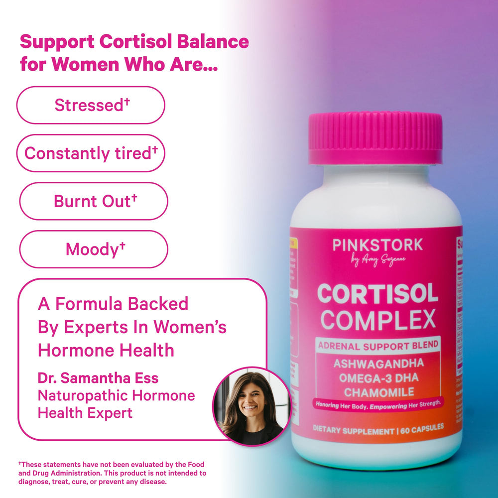 Pink Stork Cortisol bottle on table suggesting daytime use and routine.