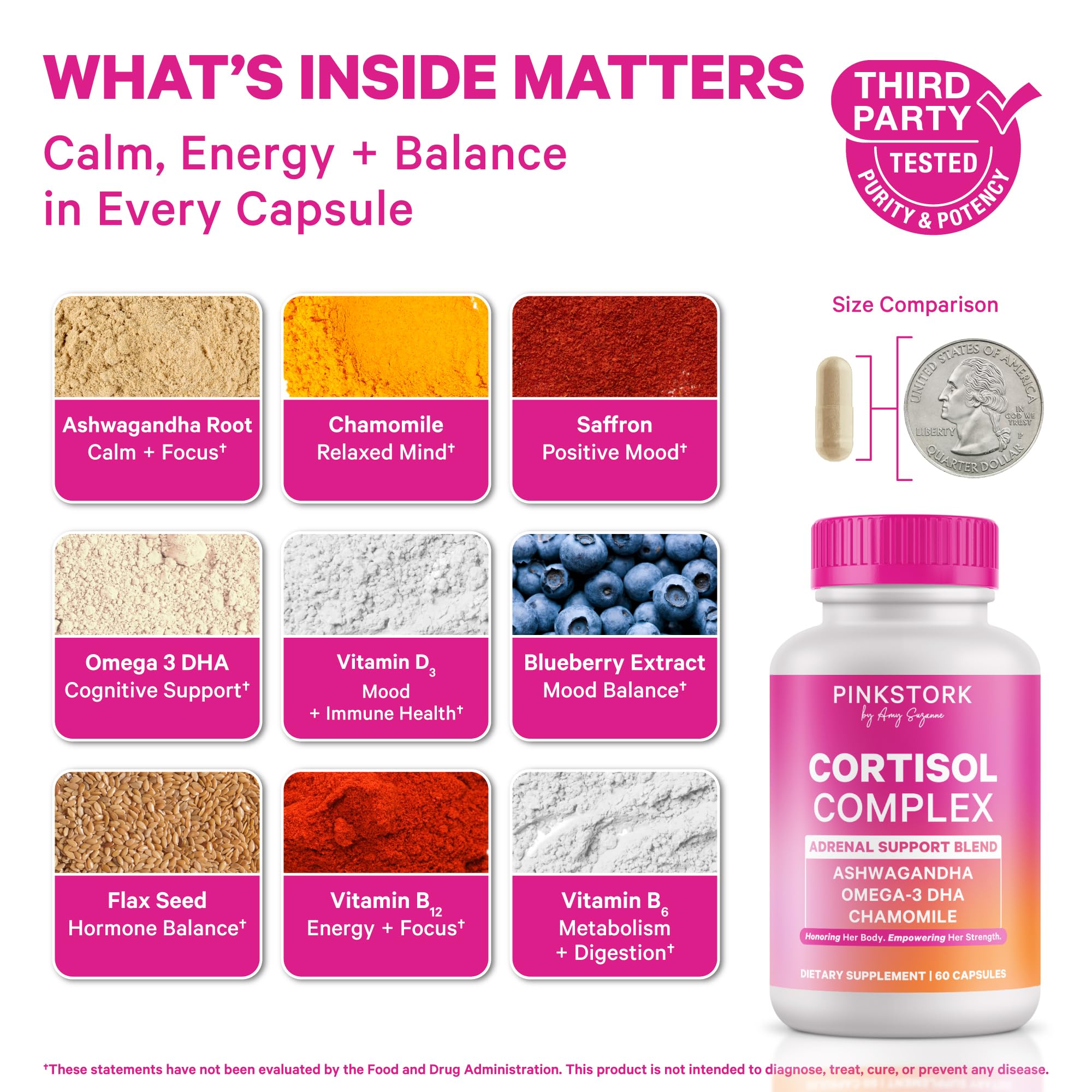 Pink Stork Cortisol capsules in hand for on-the-go mood and energy support.