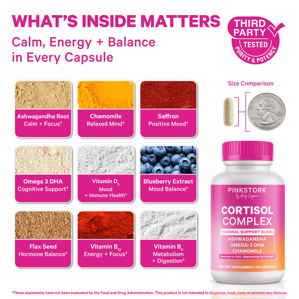 Pink Stork Cortisol capsules in hand for on-the-go mood and energy support.