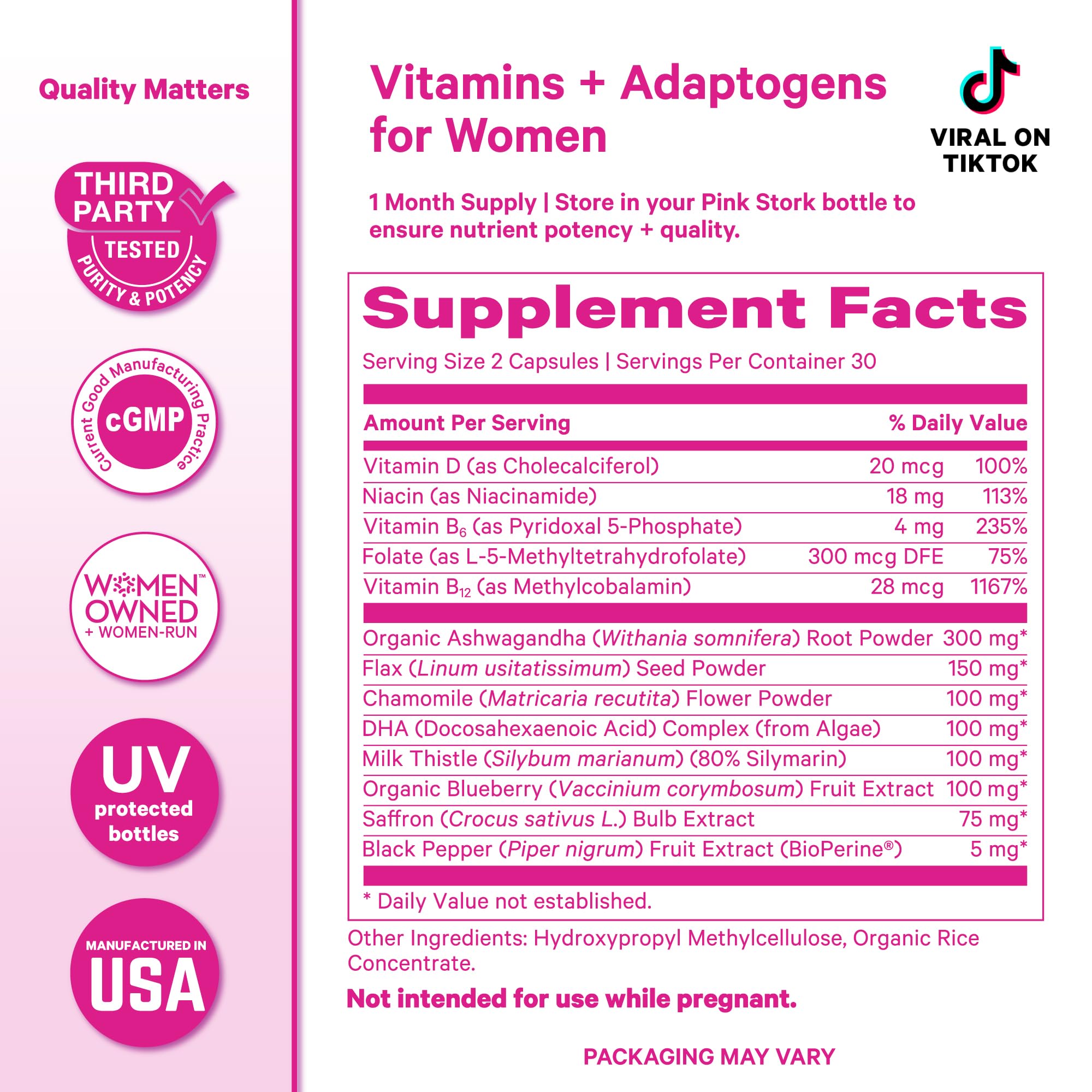 Pink Stork Cortisol capsules on white background for easy daytime supplementation.