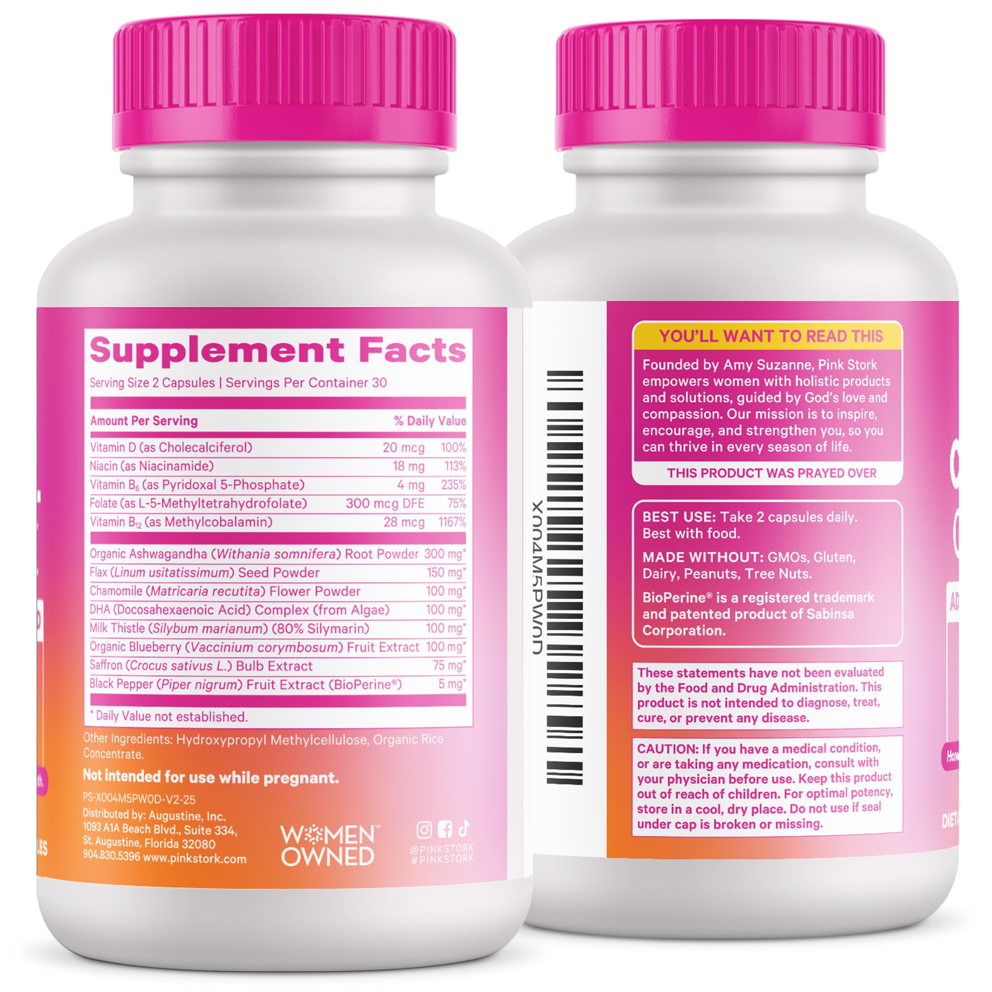 Pink Stork Cortisol bottle with saffron imagery suggesting mood balance.