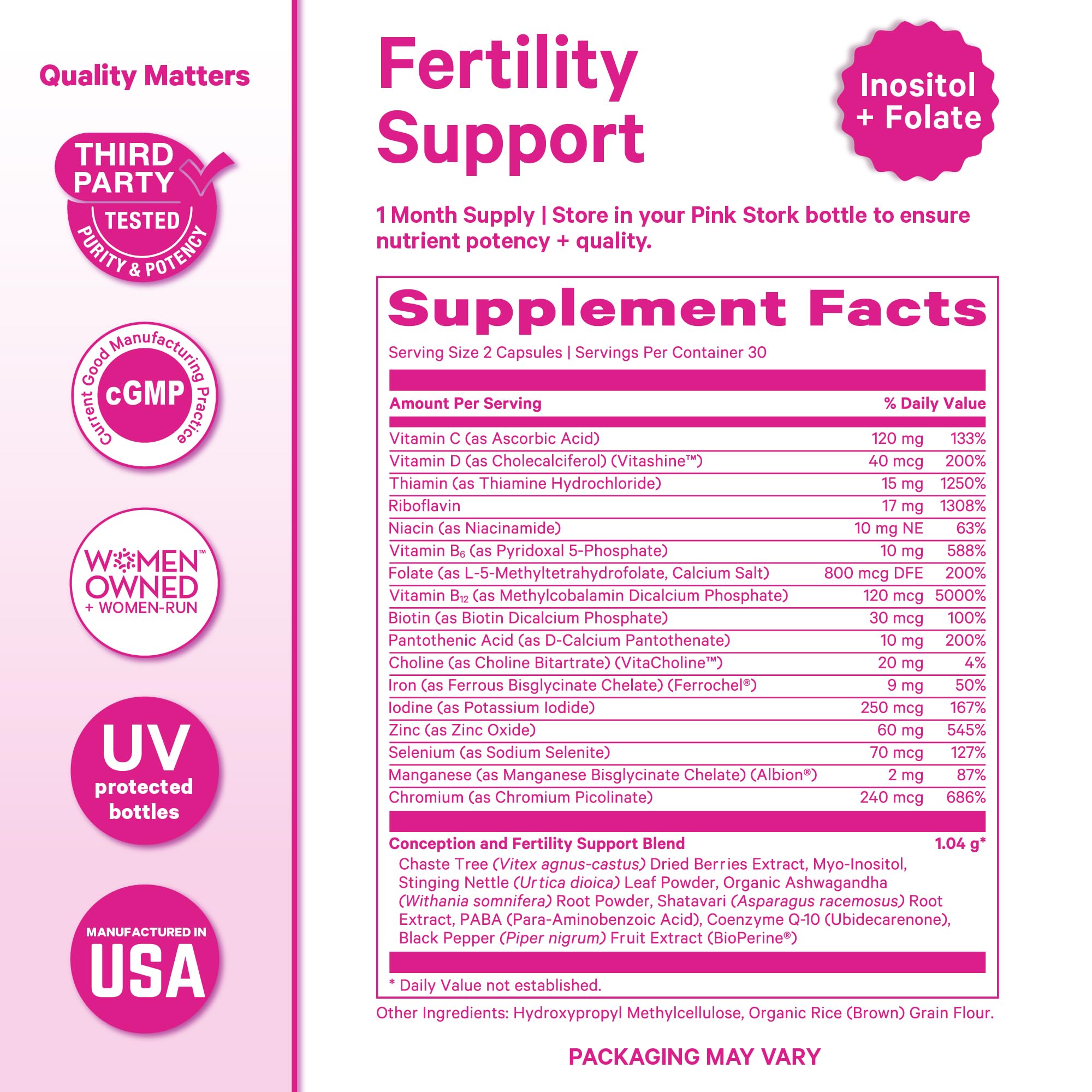 Pink Stork Fertility Support label highlighting Ashwaganda and Shatavari for hormone harmony.