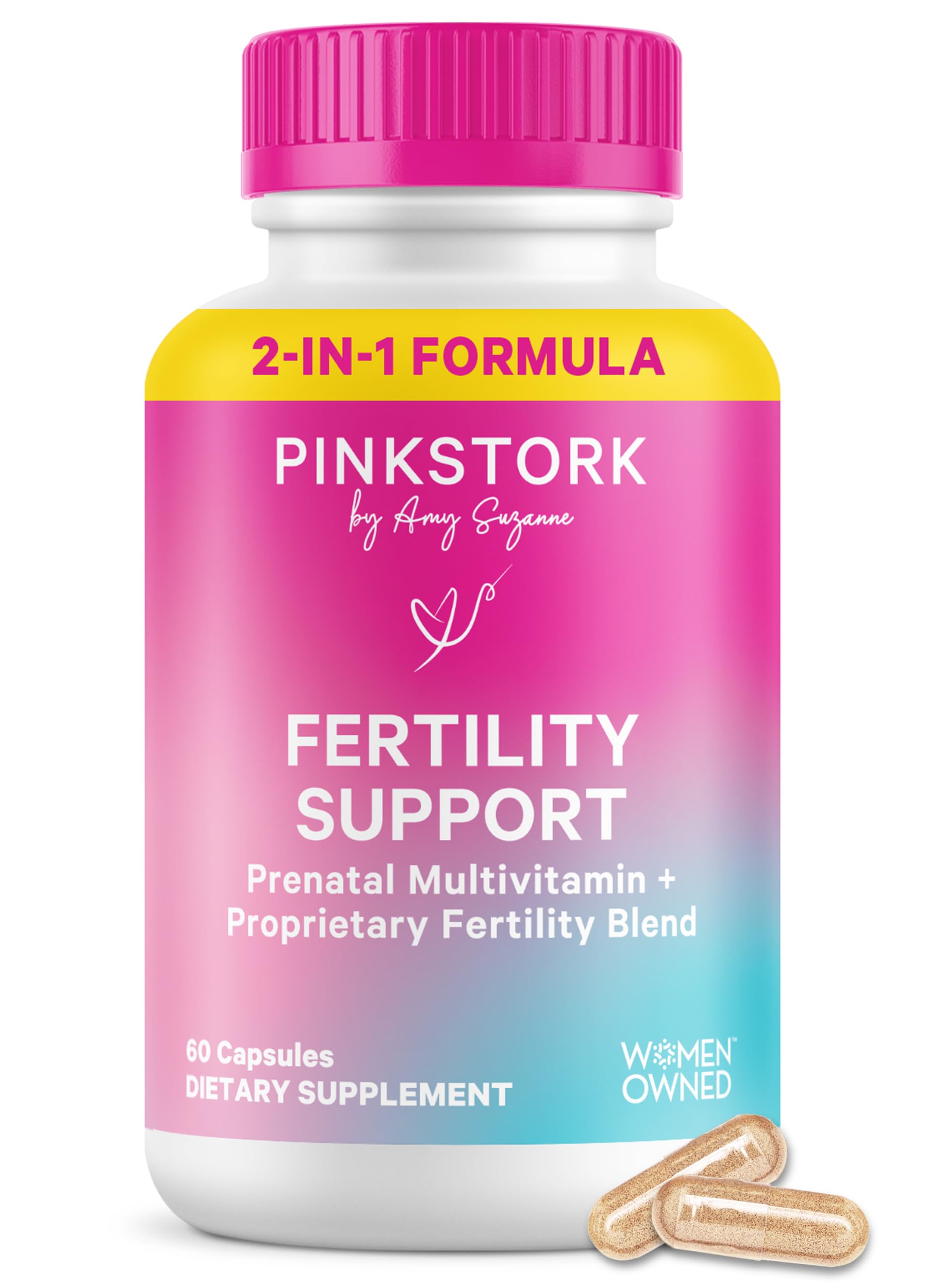 Pink Stork Fertility Support bottle front, convenient daily capsules for preconception wellness.