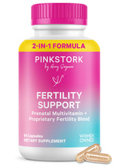 Pink Stork Fertility Support bottle front, convenient daily capsules for preconception wellness.