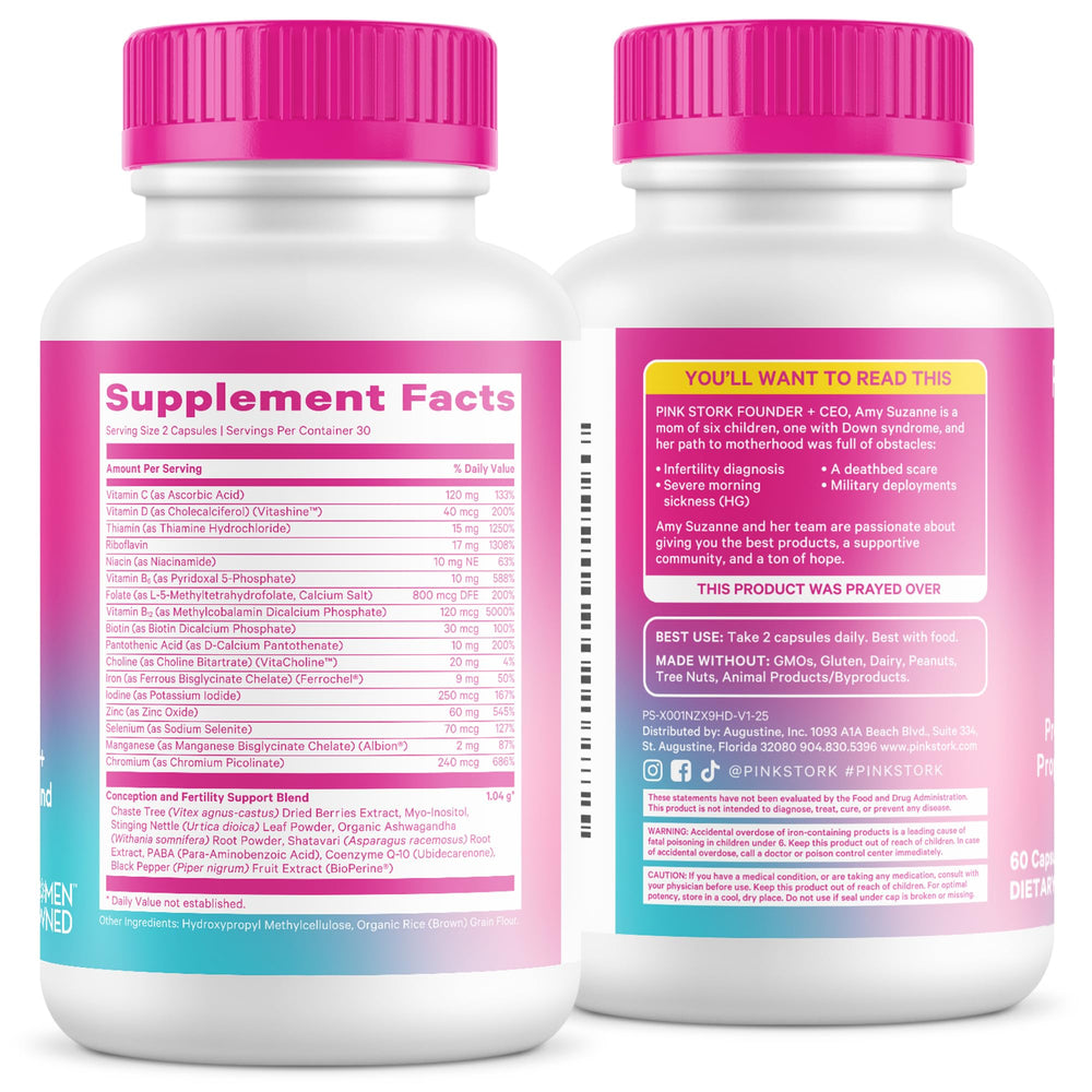 Pink Stork Fertility Support open bottle with capsules ready for daily use.