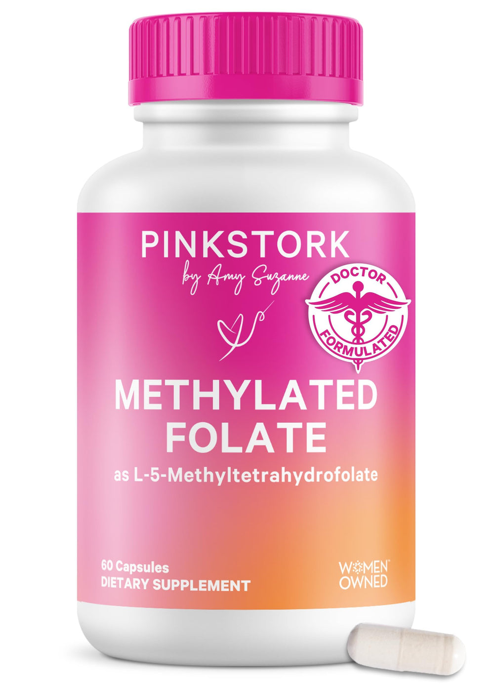 Pink Stork Folate bottle front for easy daily support