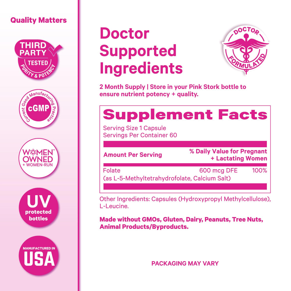 Pink Stork Folate capsules close-up showing convenient vegetarian capsules