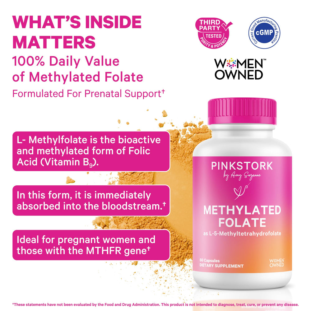 Pink Stork Folate label with ingredients and allergen info