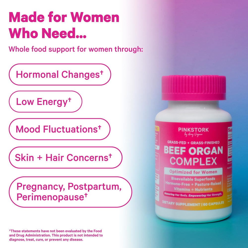 Pink Stork Grass-Fed Liver Kidney Heart Blend image illustrates real-food nutrients in a familiar form.