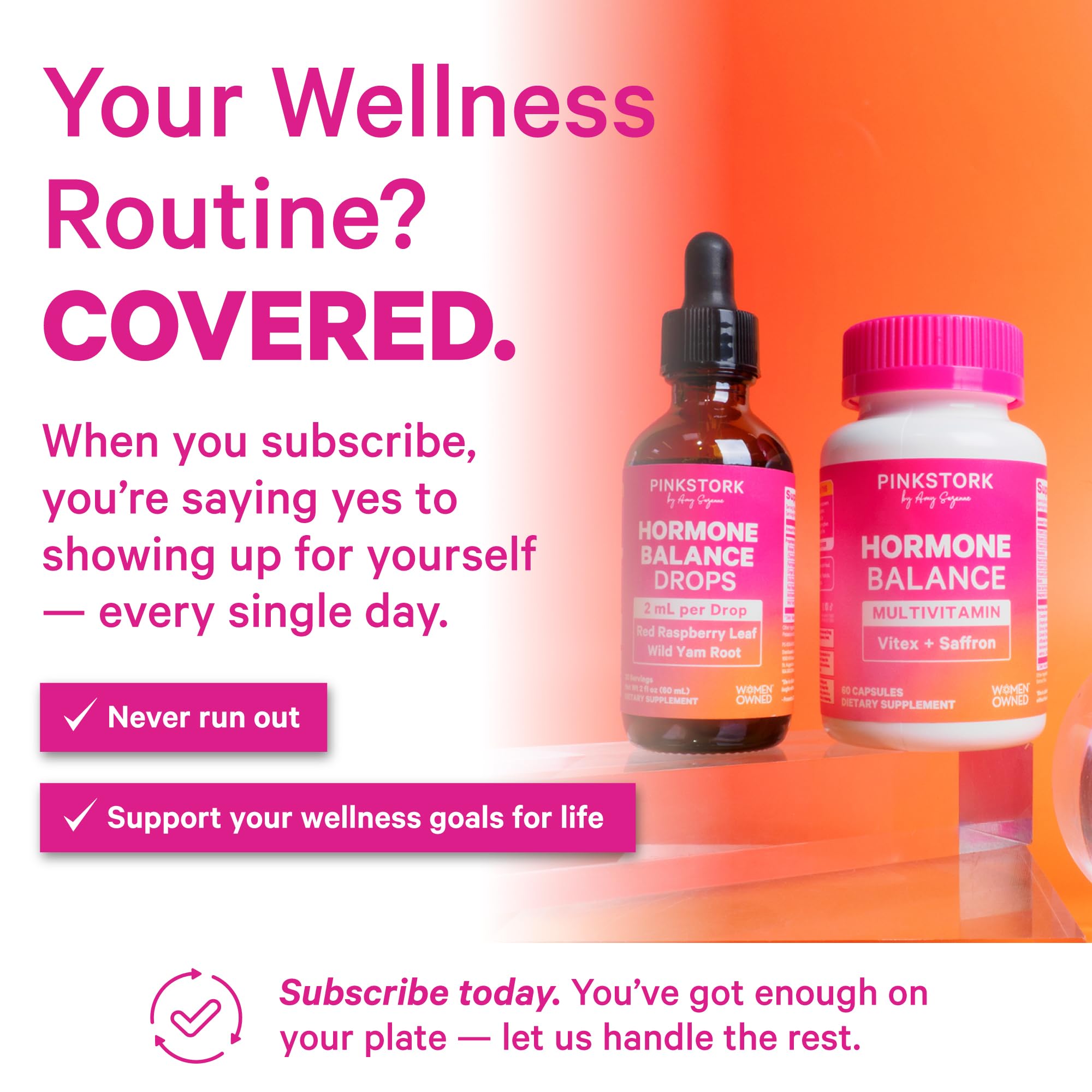 Pink Stork Hormone Balance berry-scented insert enhances the supplement routine.