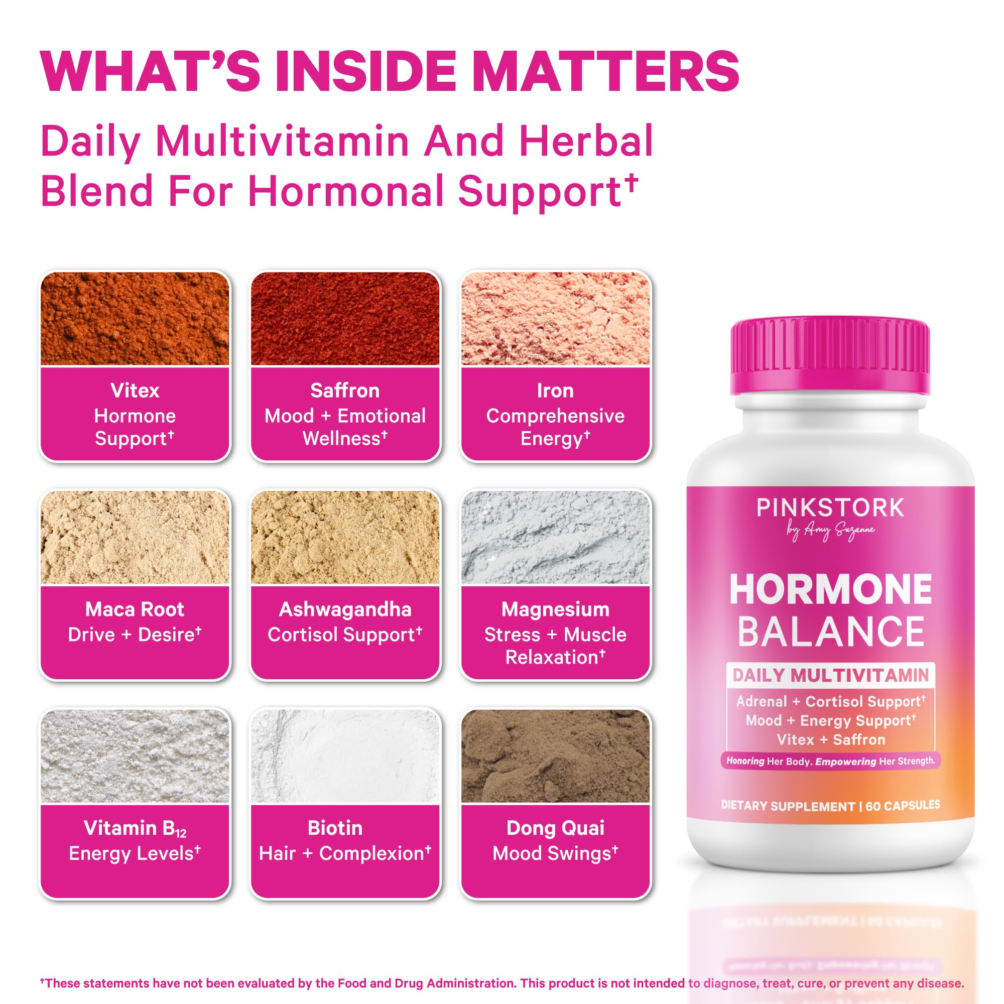 Pink Stork Hormone Balance bottle label closeup highlights the 18-in-1 formula benefits.