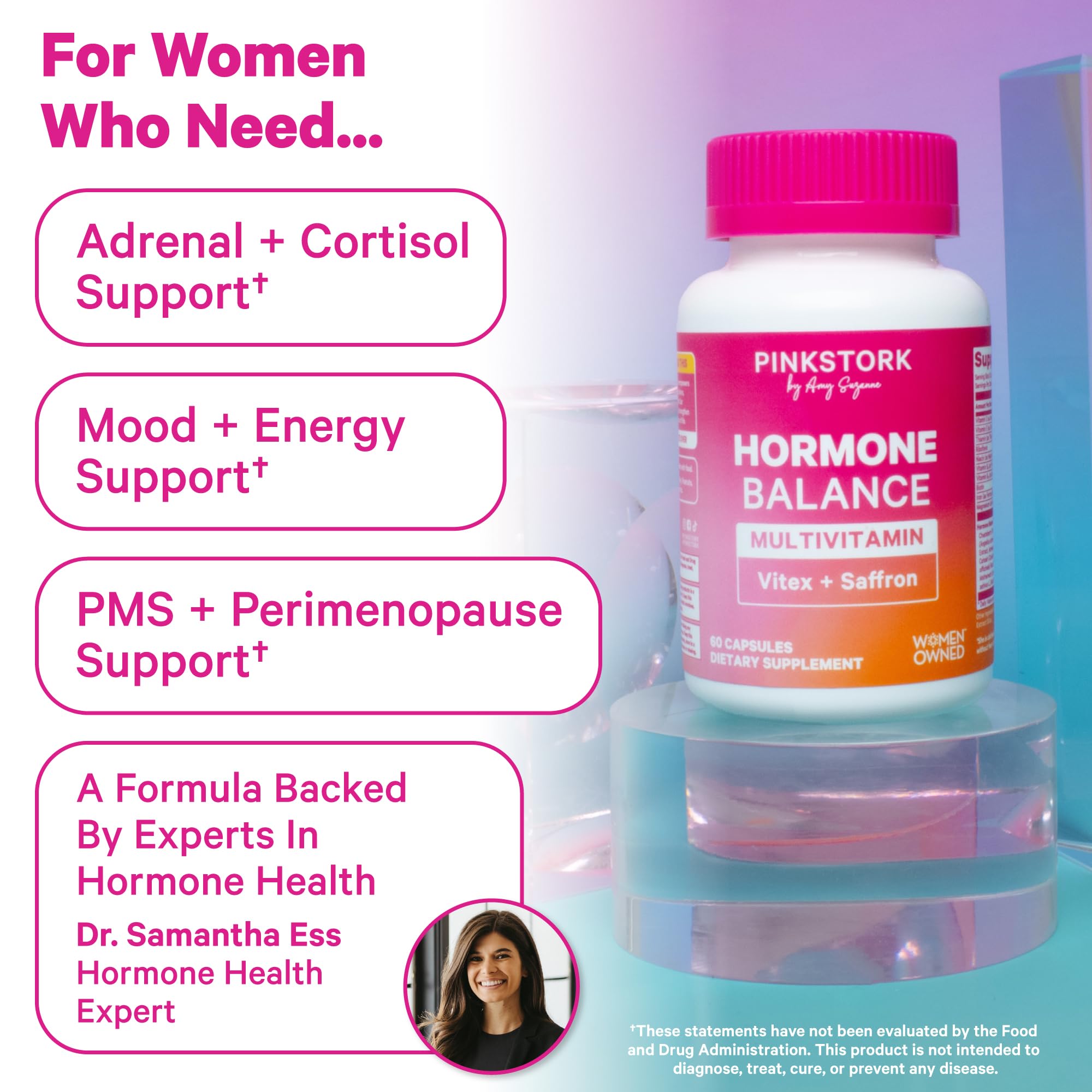 Pink Stork Hormone Balance capsules dispensed in hand for easy daily use and planning.