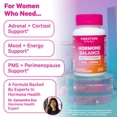 Pink Stork Hormone Balance capsules dispensed in hand for easy daily use and planning.