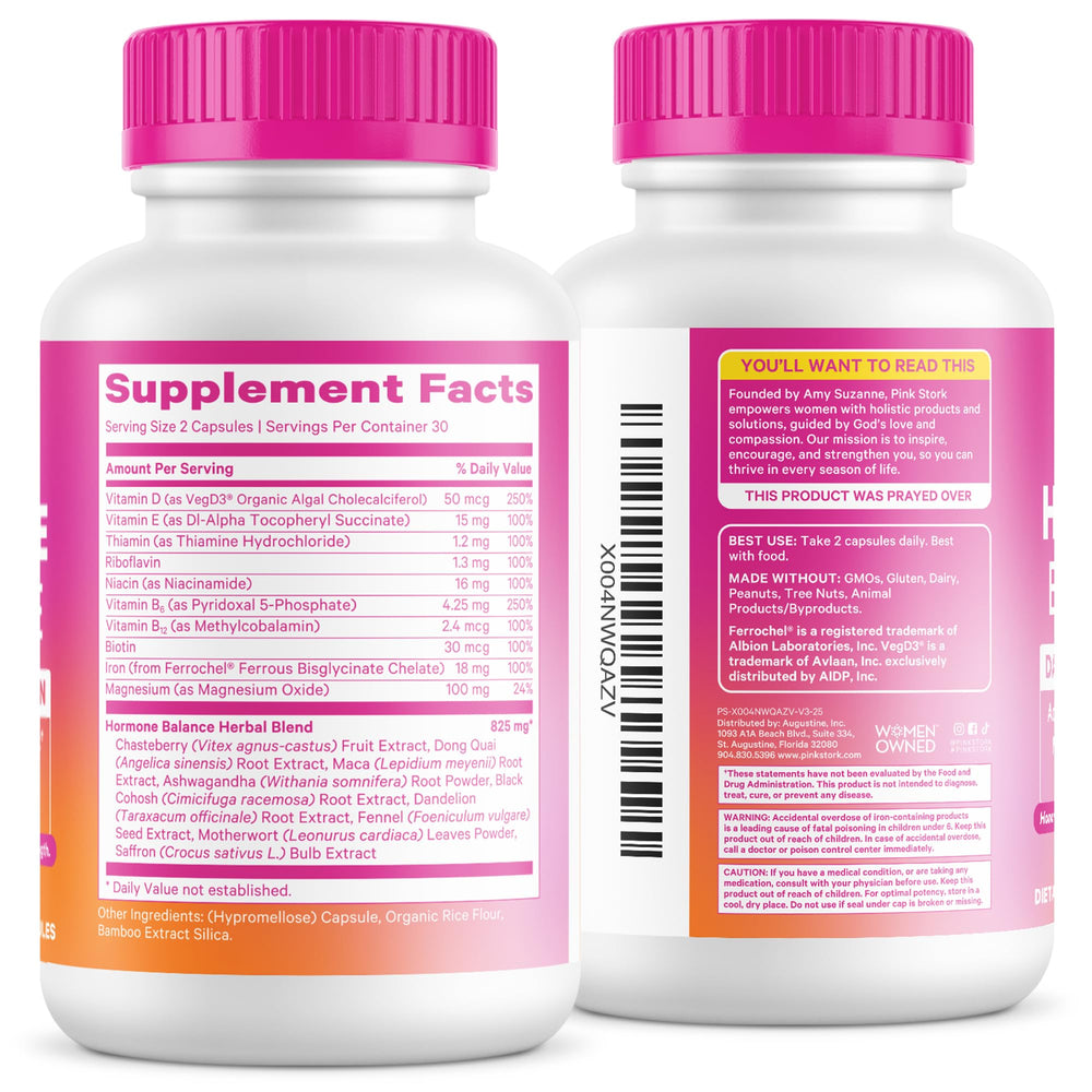 Pink Stork Hormone Balance ingredient icons collage highlights Vitex and Ashwagandha.