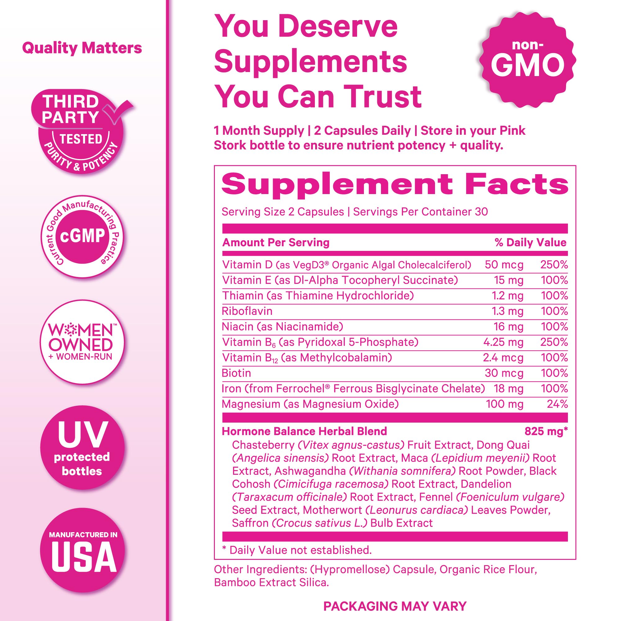 Pink Stork Hormone Balance tablet back view reveals key ingredients and usage notes.