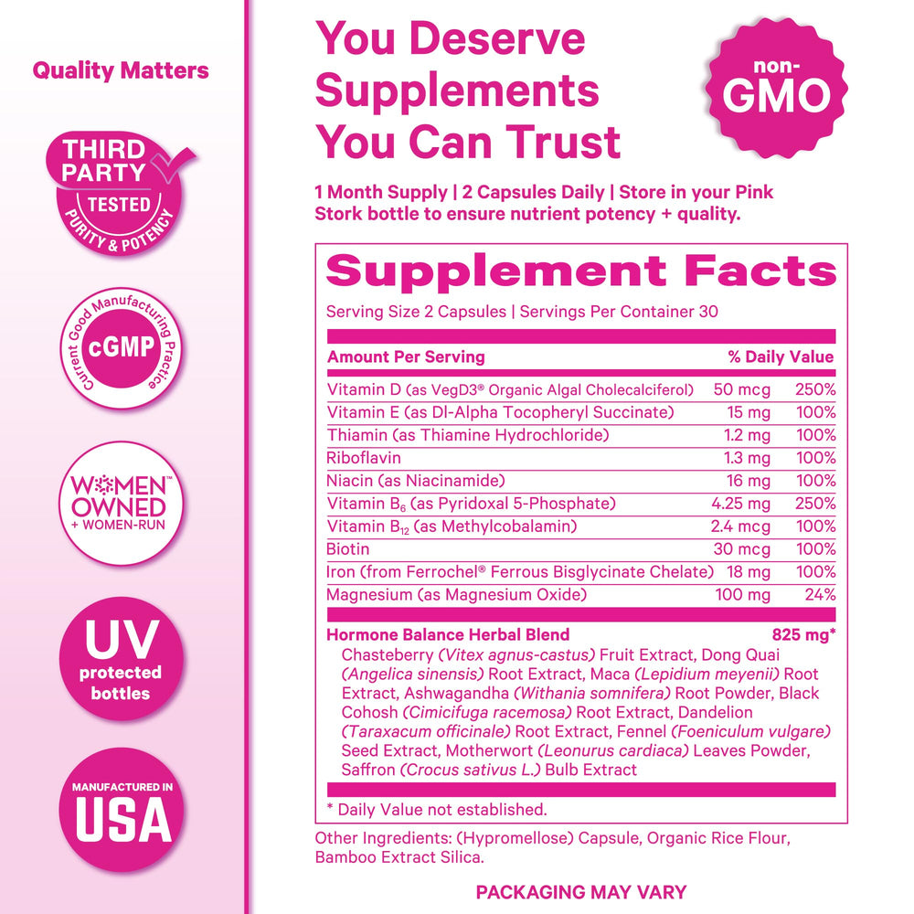 Pink Stork Hormone Balance tablet back view reveals key ingredients and usage notes.