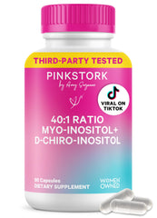 Pink Stork Inositol bottle label highlighting the 40:1 ratio for hormone support