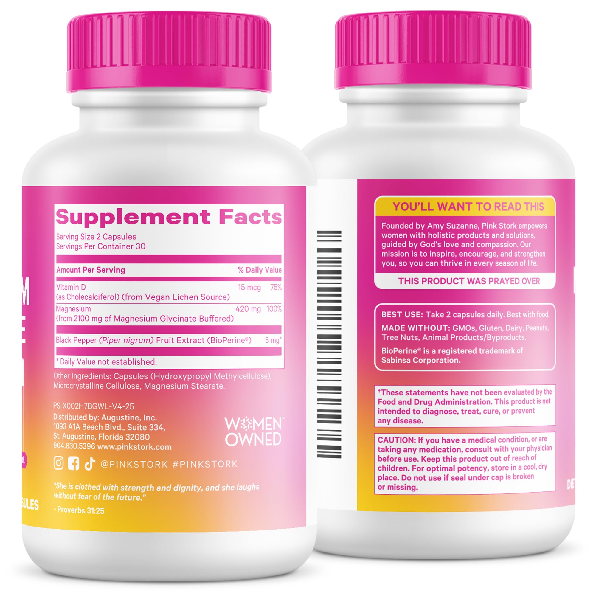 Pink Stork Magnesium Glycinate bottle pictured on a kitchen counter
