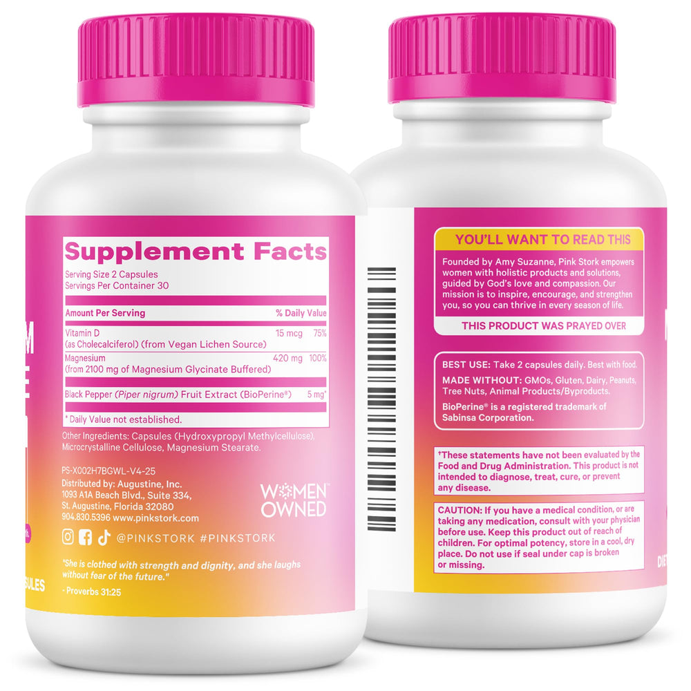 Pink Stork Magnesium Glycinate bottle pictured on a kitchen counter