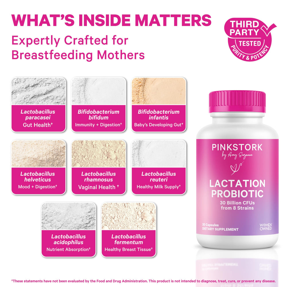 Capsules of Pink Stork Lactation Probiotic for daily use during breastfeeding.