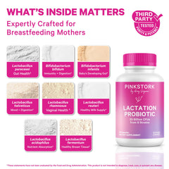 Capsules of Pink Stork Lactation Probiotic for daily use during breastfeeding.