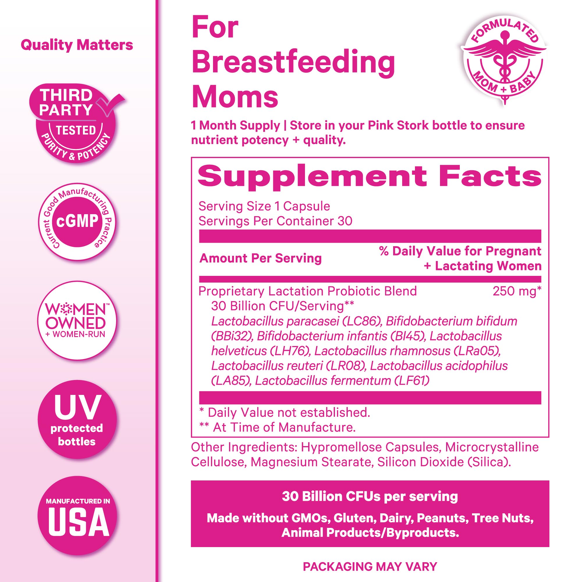 Bottle shows no refrigeration required for Pink Stork Lactation Probiotic.