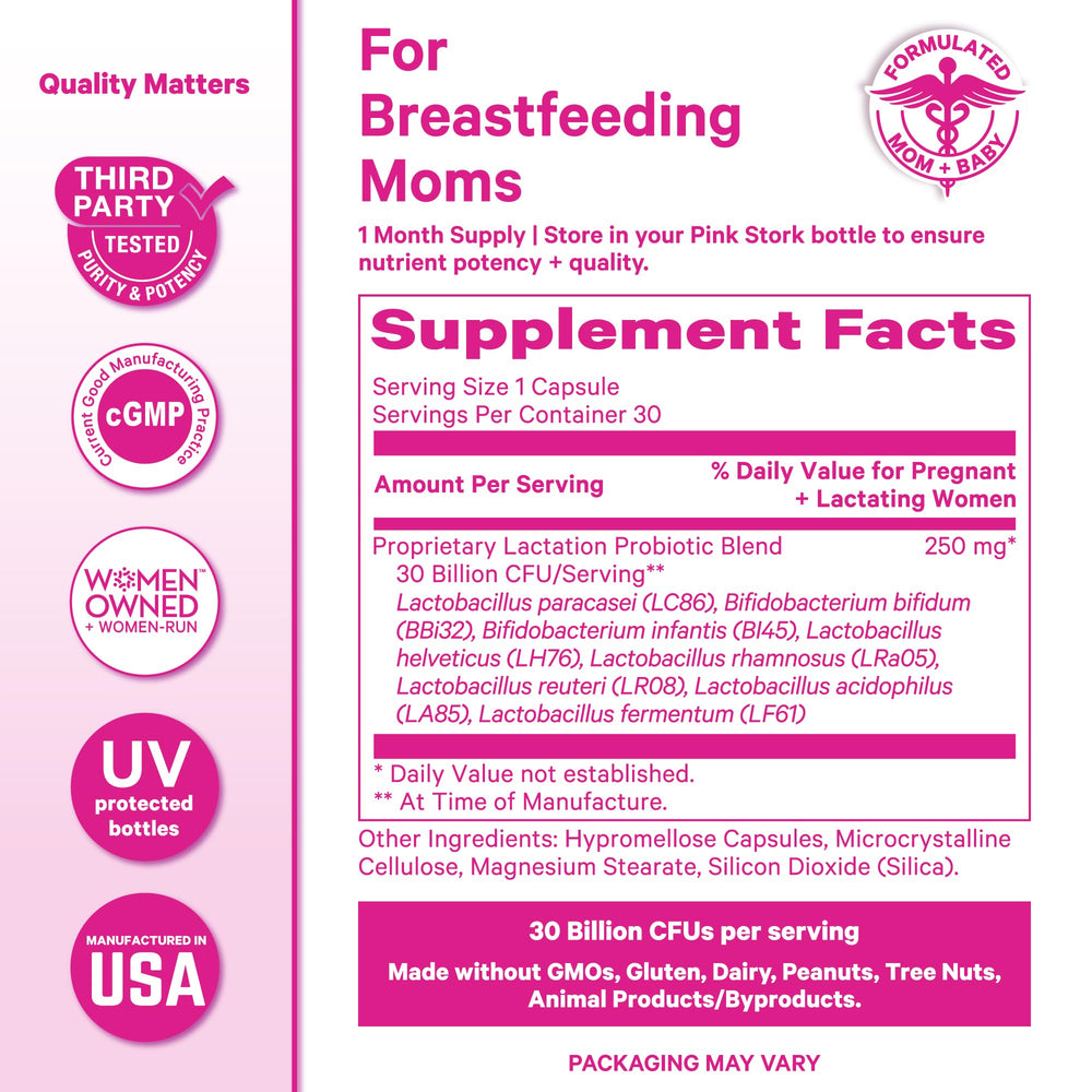 Bottle shows no refrigeration required for Pink Stork Lactation Probiotic.