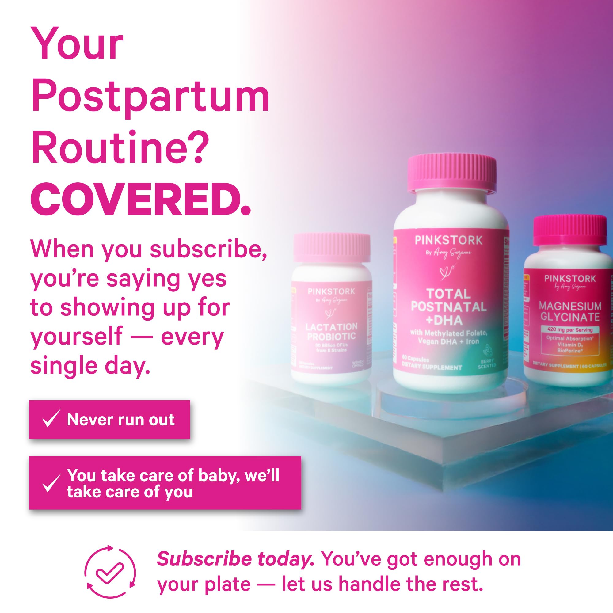Pink Stork Lactation Probiotic packaging box shown for postpartum wellness.