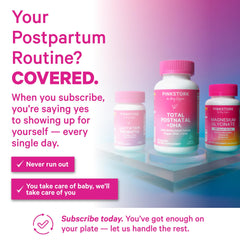 Pink Stork Lactation Probiotic packaging box shown for postpartum wellness.