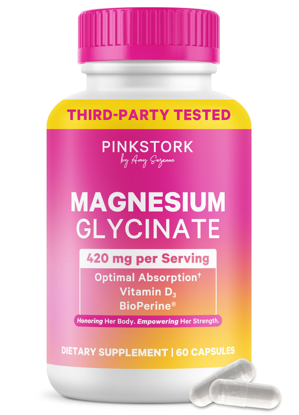 Pink Stork Magnesium Glycinate capsules in bottle for daily calm and mood support
