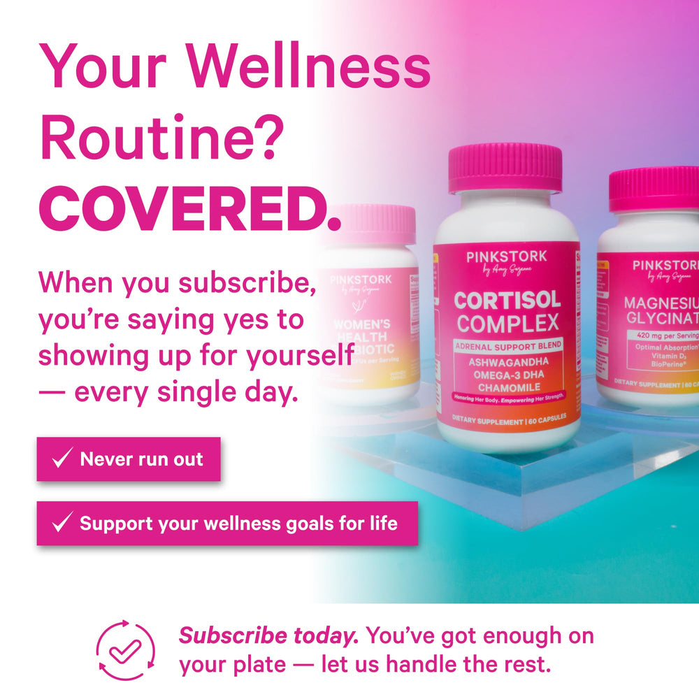 Pink Stork Magnesium Glycinate capsules on a desk with Vitamin D3