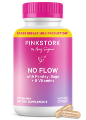 Pink Stork No Flow bottle front signaling lactation support and trust