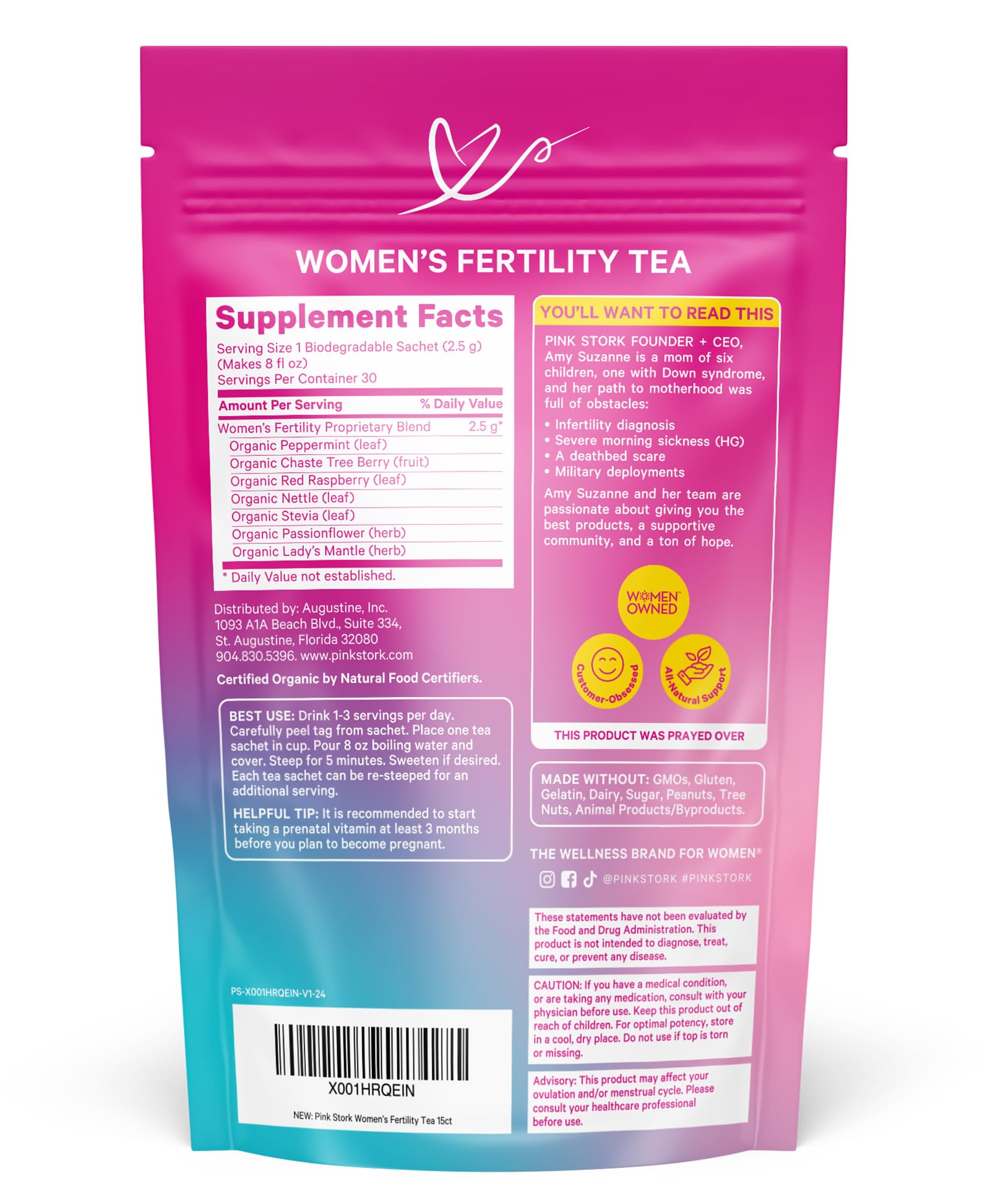 Pink Stork compostable sachets emphasize clean, eco-friendly brewing.