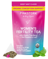 Pink Stork Organic Fertility Tea packaging on a shelf, inviting a daily ritual that supports cycle rhythm.