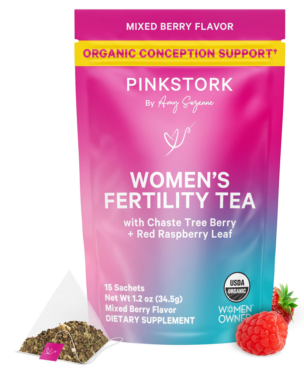 Pink Stork Organic Fertility Tea packaging for a caffeine-free herbal blend