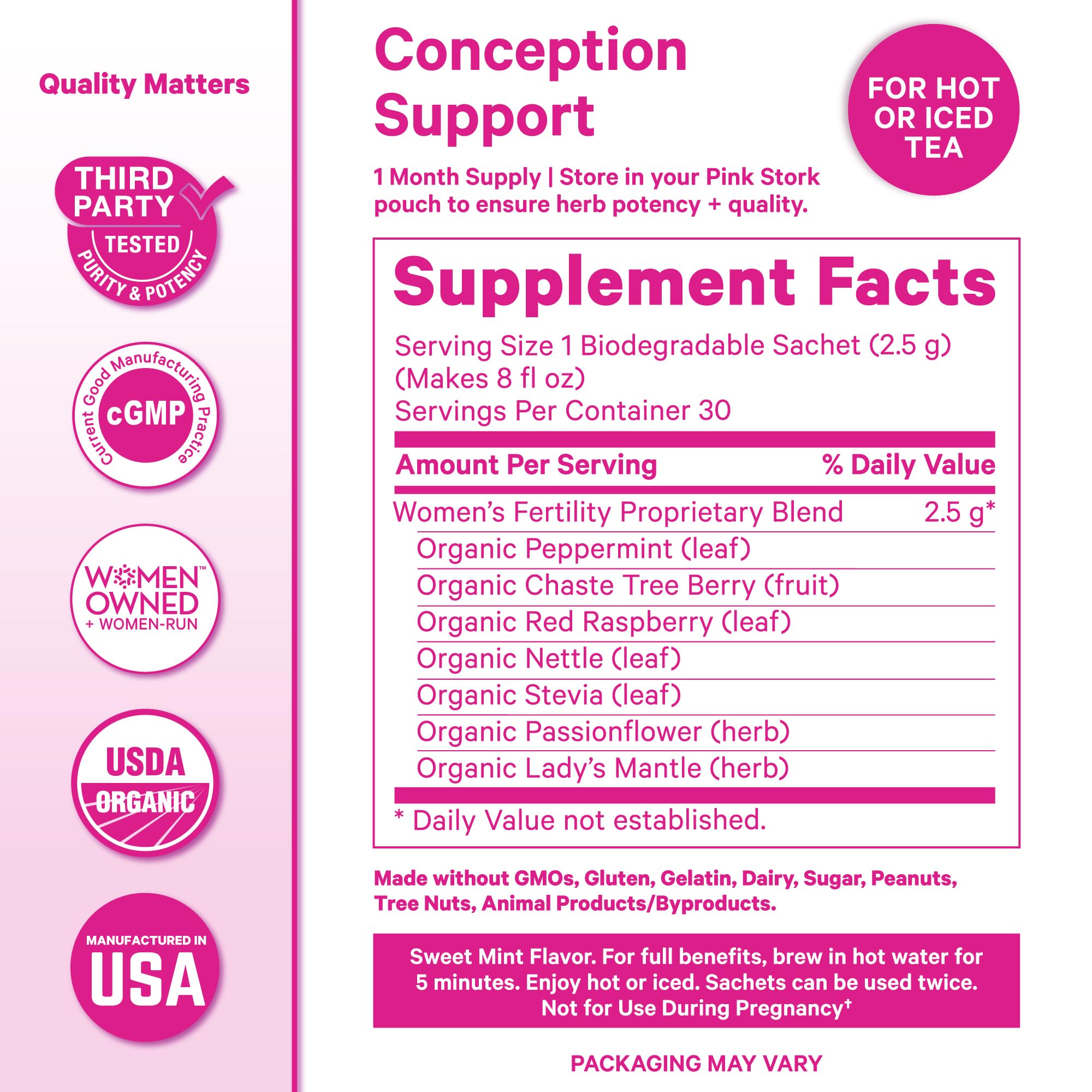 Pink Stork Organic Fertility Tea sachet closeup highlighting compostable sachets for a clean cupping ritual.